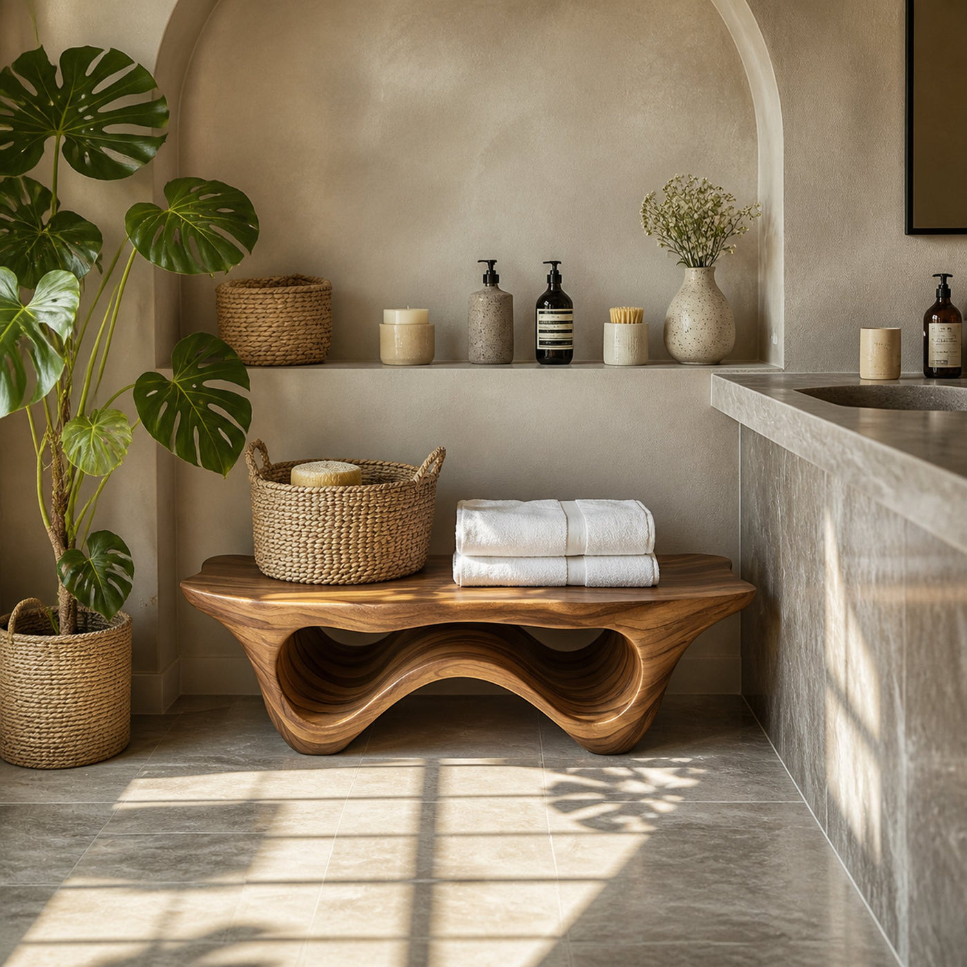 Sculptural Shower Bench With Storage Space For Luxury Bathroom