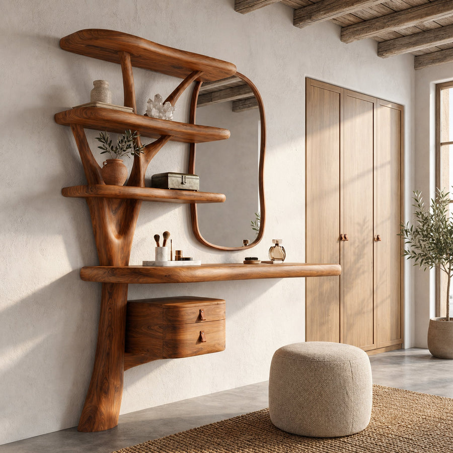 Sculptural Tree Vanity Desk With Curved Wood Shelves For Bedroom