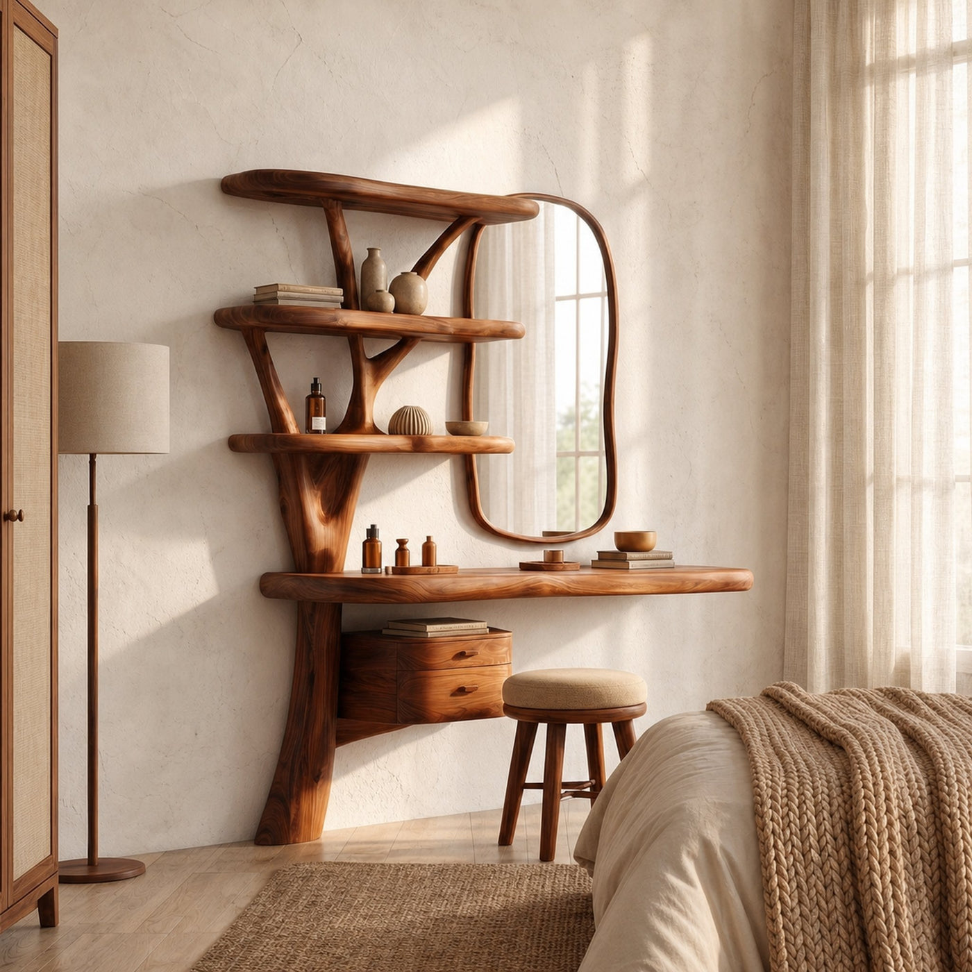 Sculptural Tree Vanity Desk With Curved Wood Shelves For Bedroom - product view 6