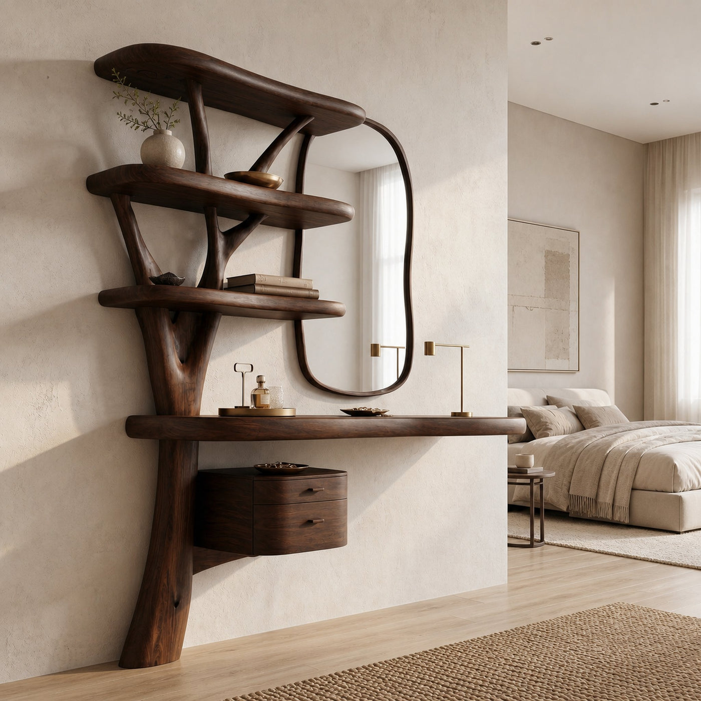 Sculptural Tree Vanity Desk With Curved Wood Shelves For Bedroom - product view 7