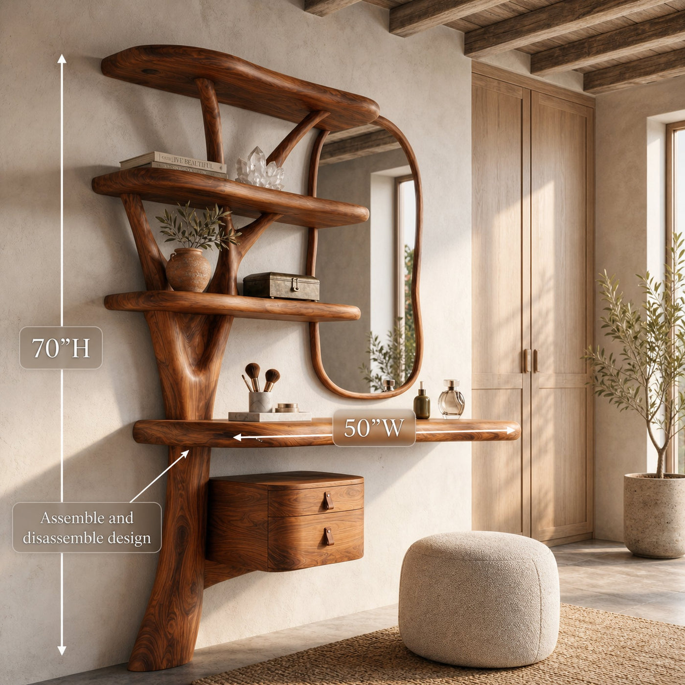 Sculptural Tree Vanity Desk With Curved Wood Shelves For Bedroom - product view 8