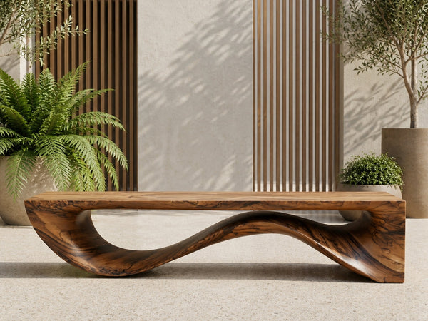Sculptural Wave Bench Solid Wood Extended Curved Form Entryway