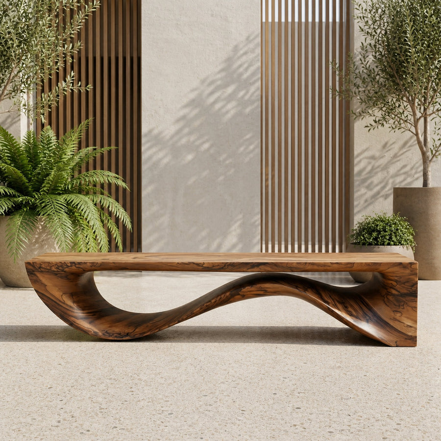 Sculptural Wave Bench Solid Wood Extended Curved Form Entryway