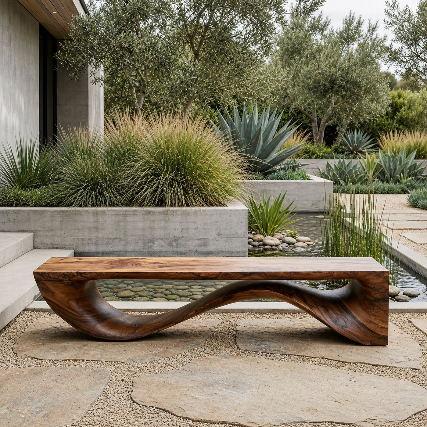 Sculptural Wave Bench Solid Wood Extended Curved Form Entryway - product view 6