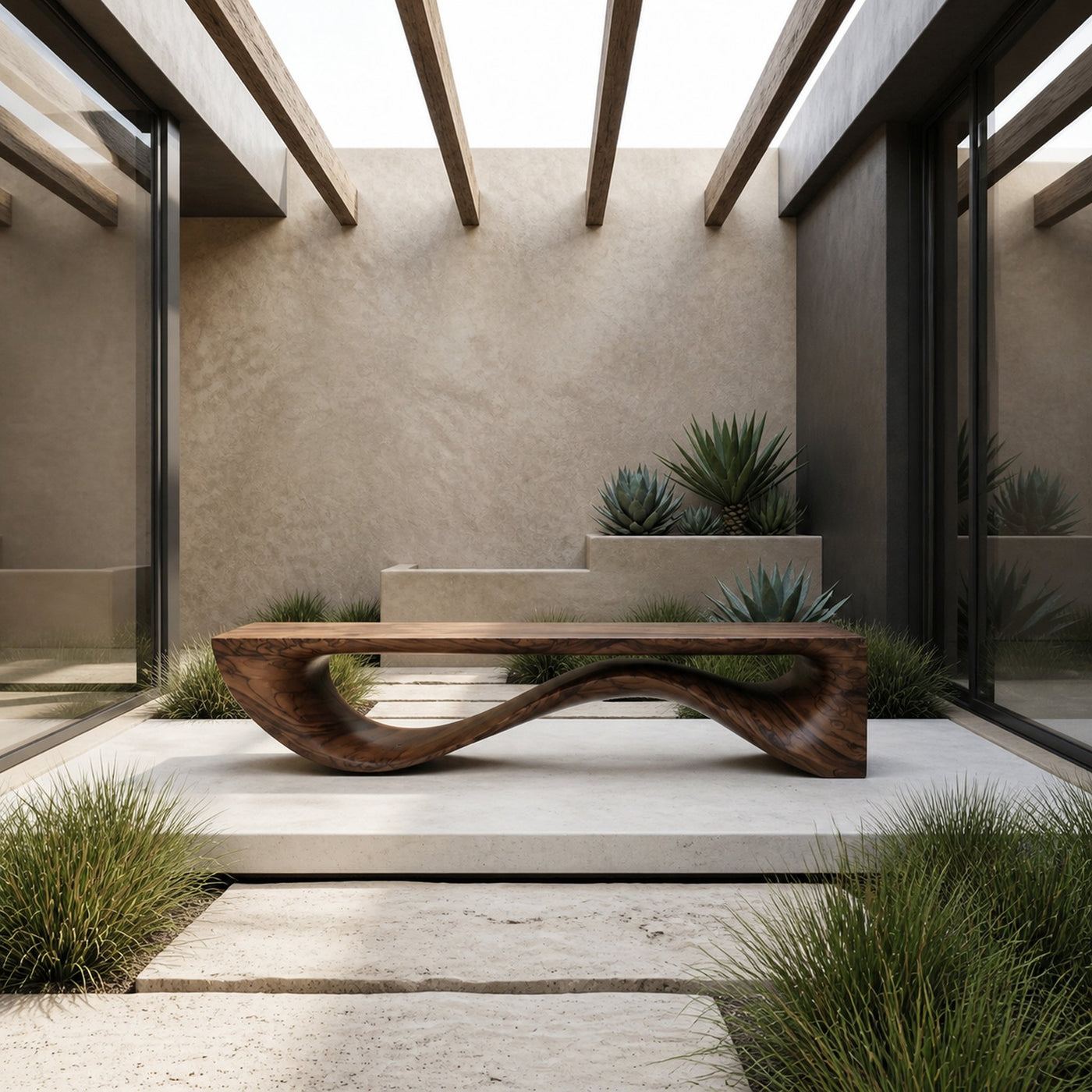 Sculptural Wave Bench Solid Wood Extended Curved Form Entryway - product view 7