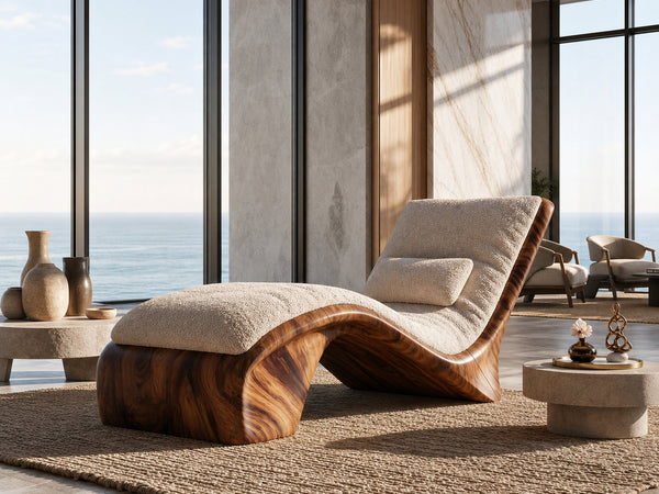 Sculptural Wood Chaise Lounge Coastal Modern Oceanfront Residence