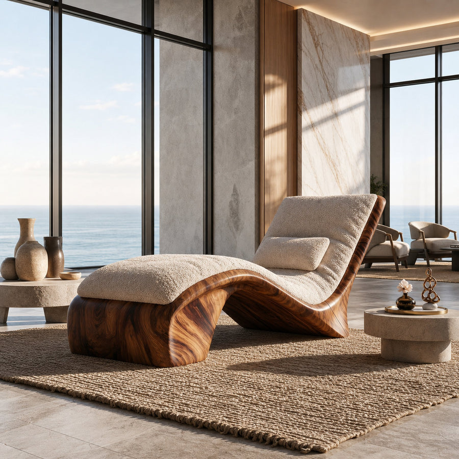 Sculptural Wood Chaise Lounge Coastal Modern Oceanfront Residence