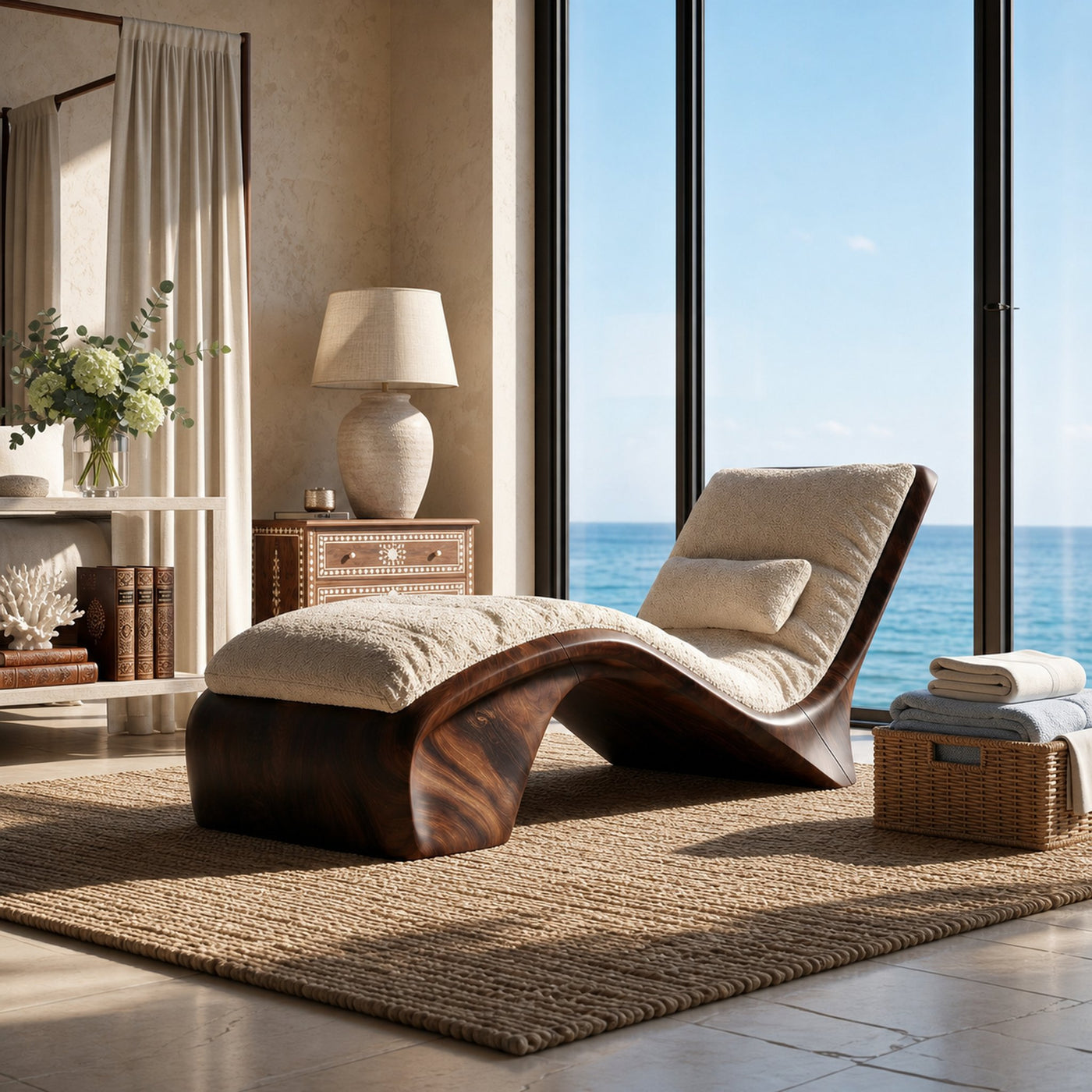Sculptural Wood Chaise Lounge Coastal Modern Oceanfront Residence - product view 7