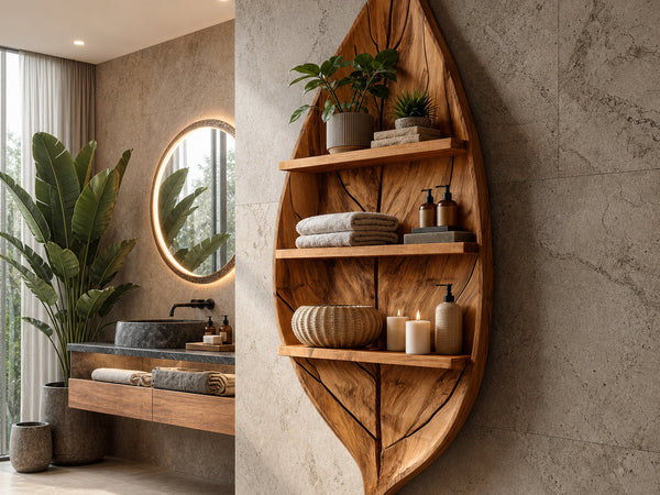Sculptural Wooden Leaf Bathroom Shelf For Spa Spaces