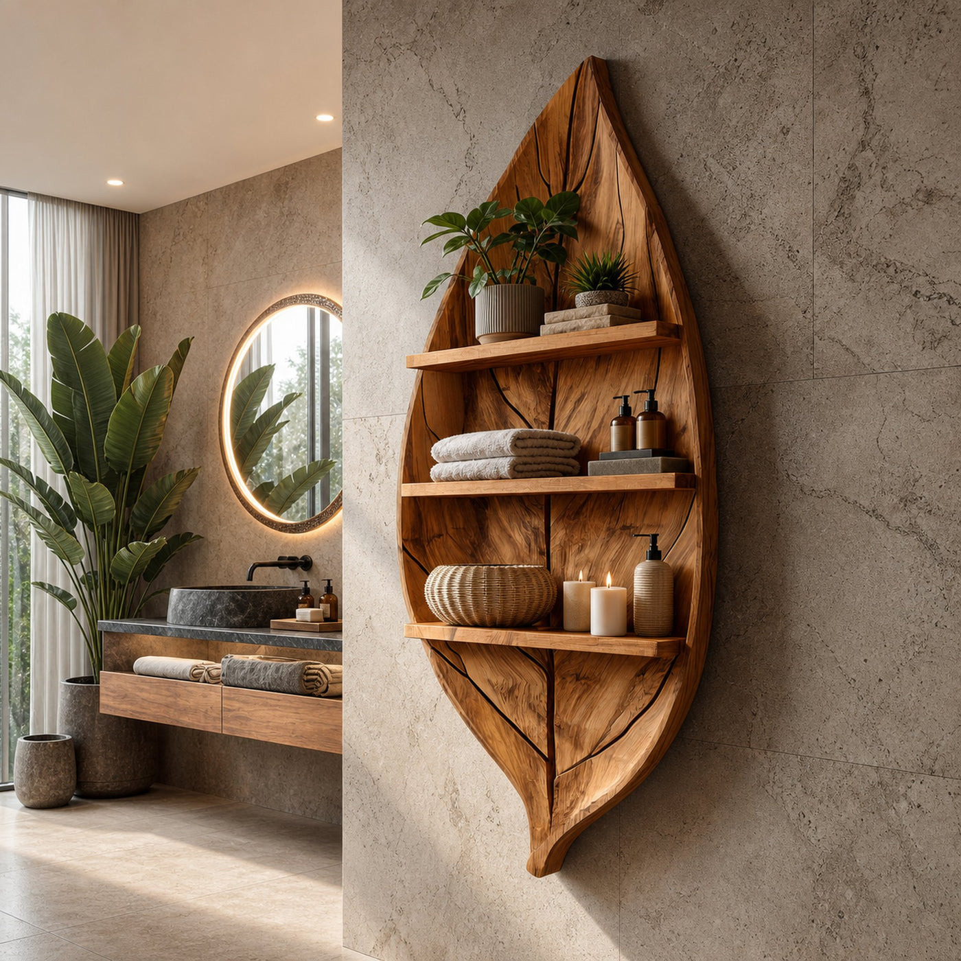 Sculptural Wooden Leaf Bathroom Shelf For Spa Spaces