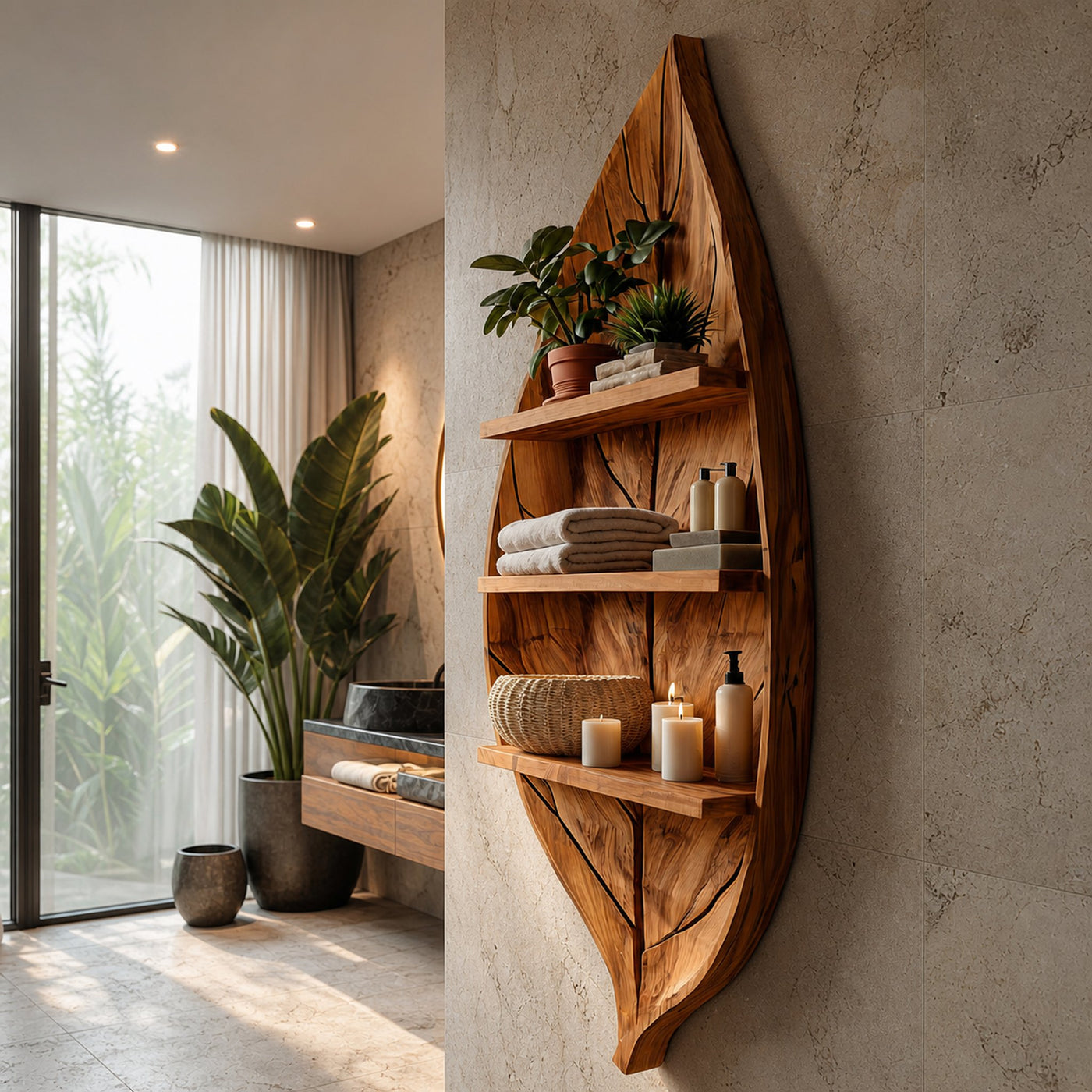 Sculptural Wooden Leaf Bathroom Shelf For Spa Spaces - product view 7