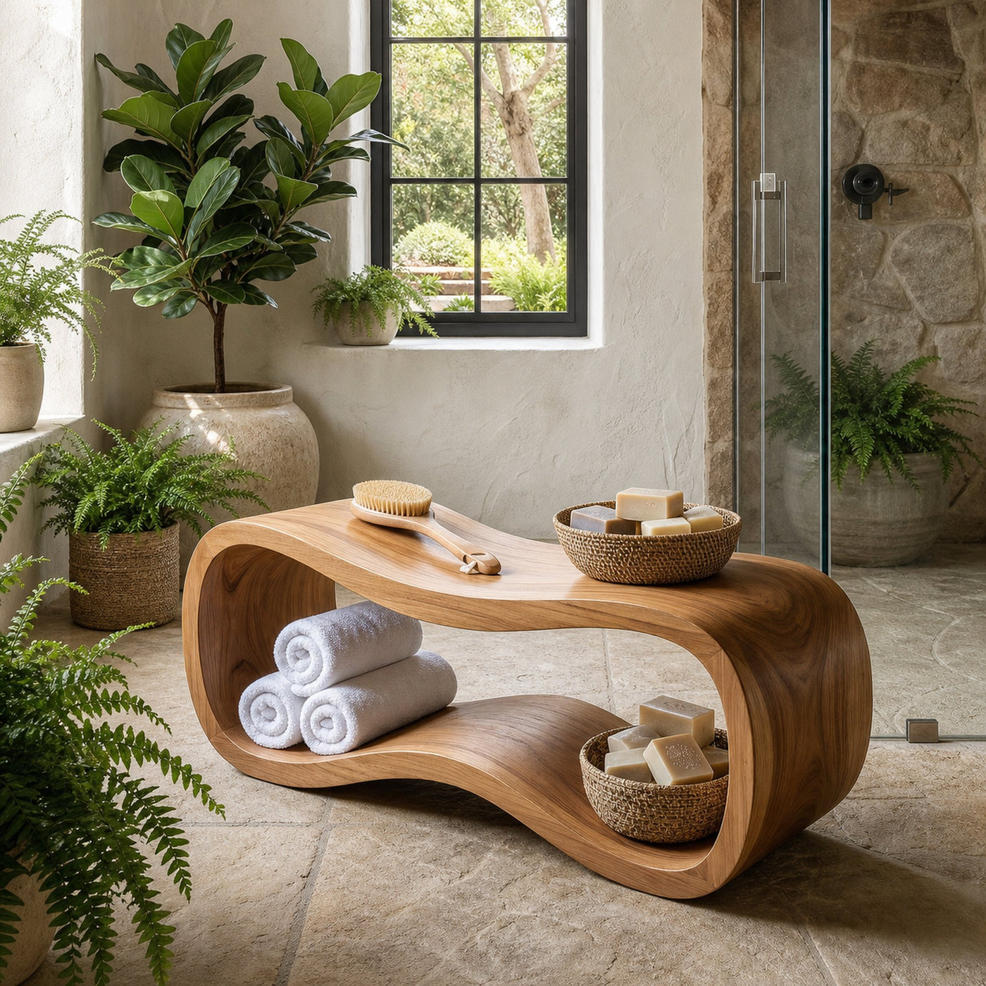 Sculptural Wooden Shower Bench For Bathroom