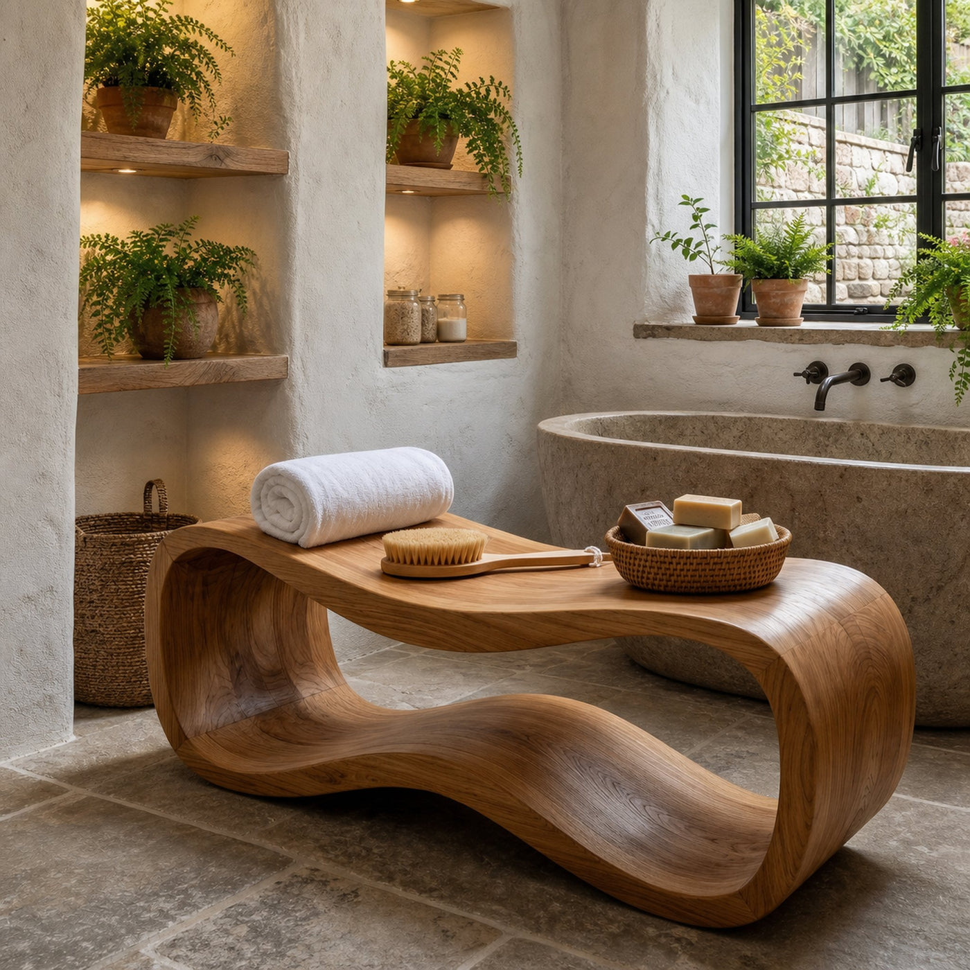 Sculptural Wooden Shower Bench For Bathroom - product view 6