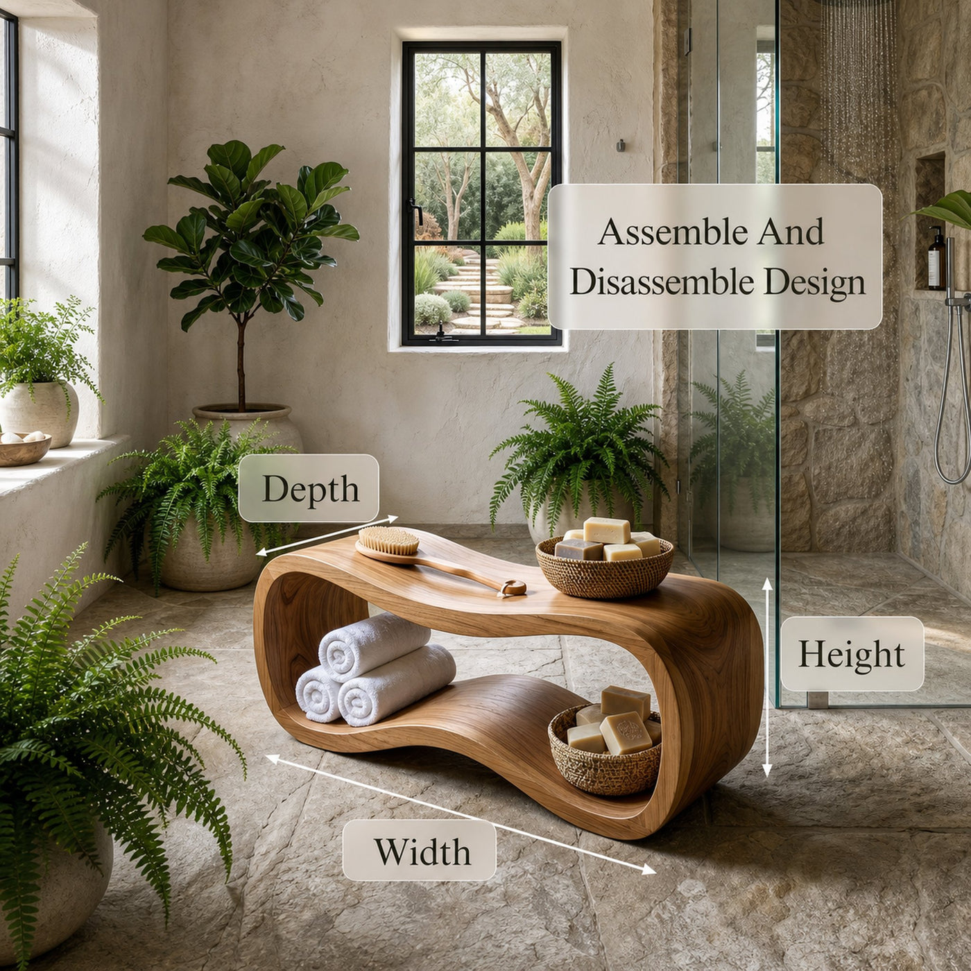 Sculptural Wooden Shower Bench For Bathroom - product view 8