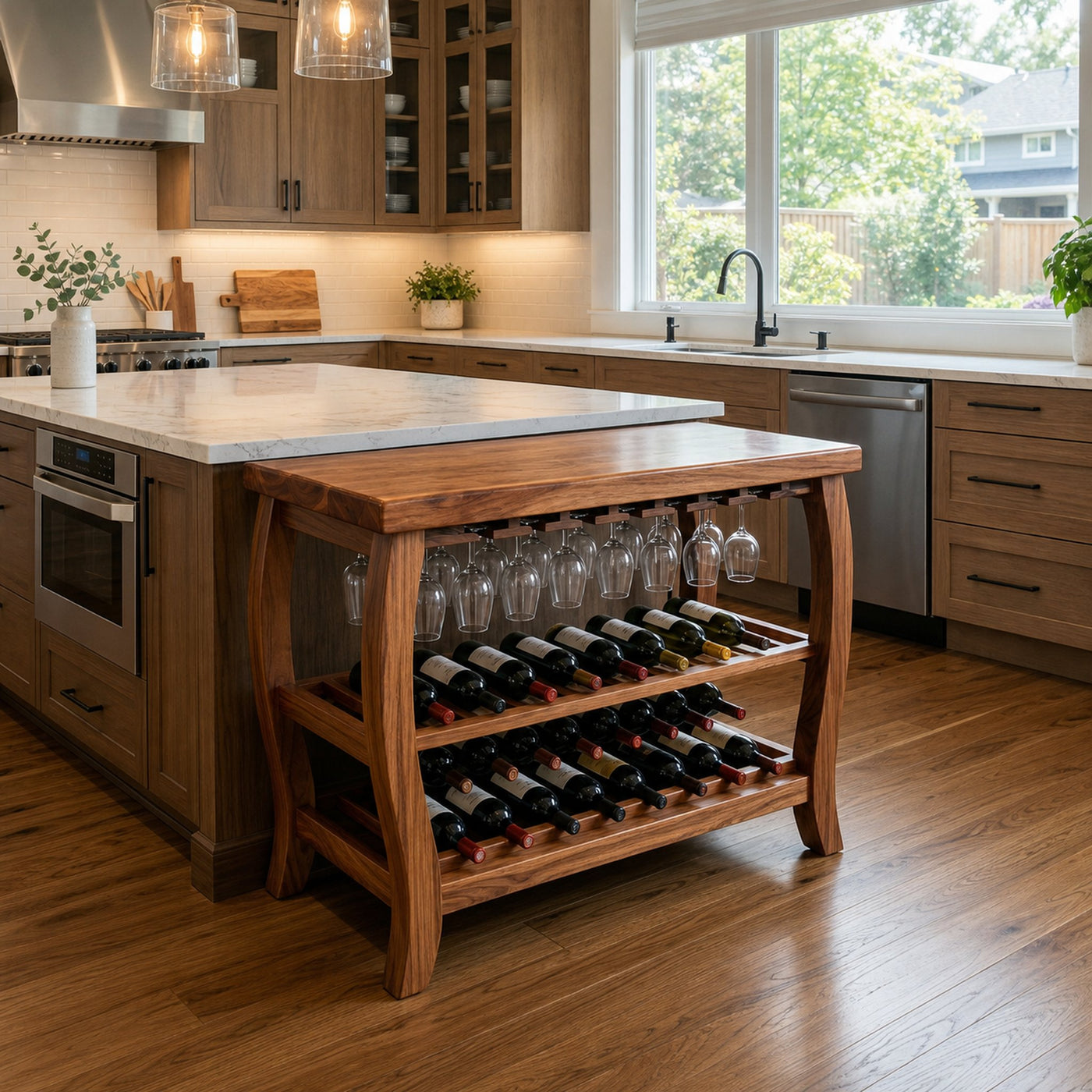 Sculptural Wooden Wine Cabinet With Glass Rack For Island Decor