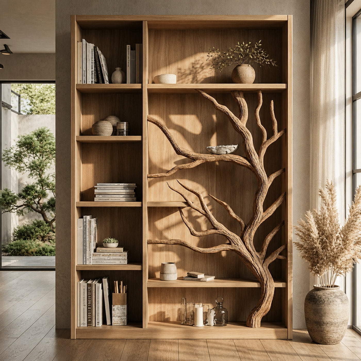 Tree Bookcase Cabinet With Open Display Shelves For Living Room And Study