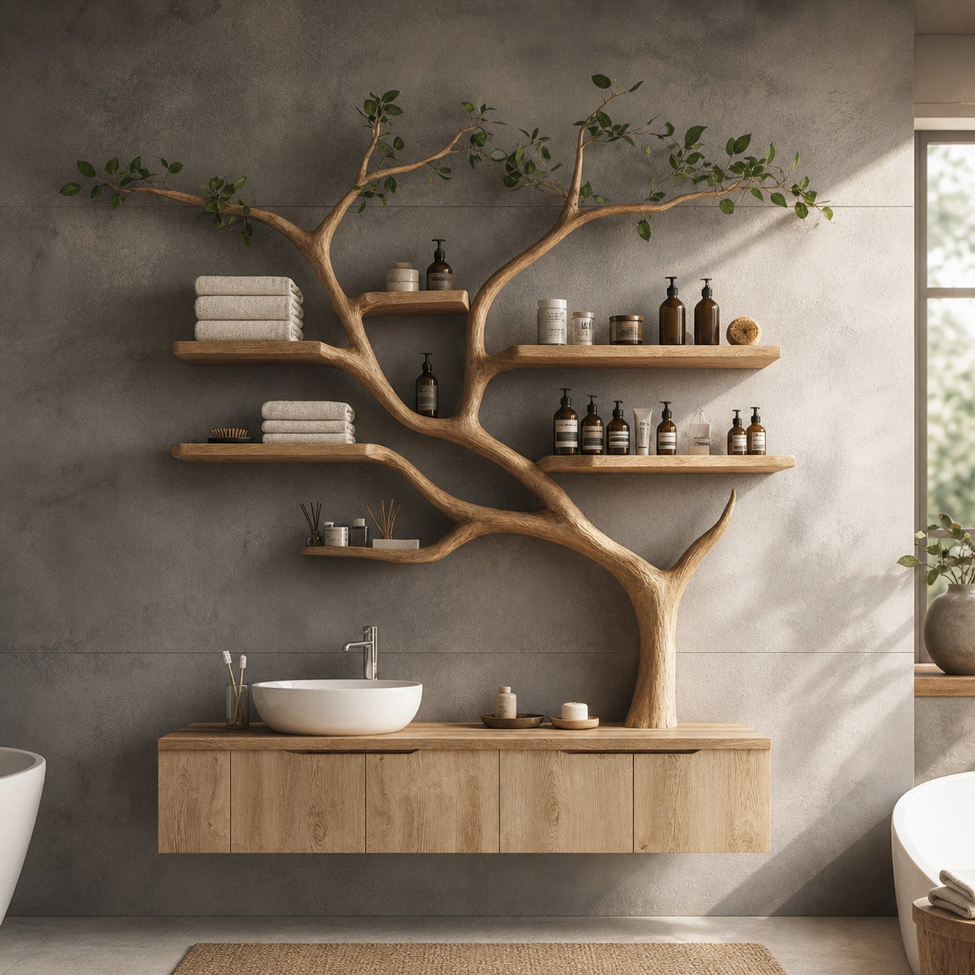 Tree Branches Rustic Bathroom Vanity With Sink Floating Shelves