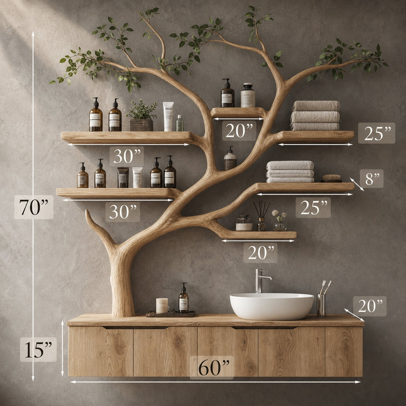 Tree Branches Rustic Bathroom Vanity With Sink Floating Shelves - product view 6