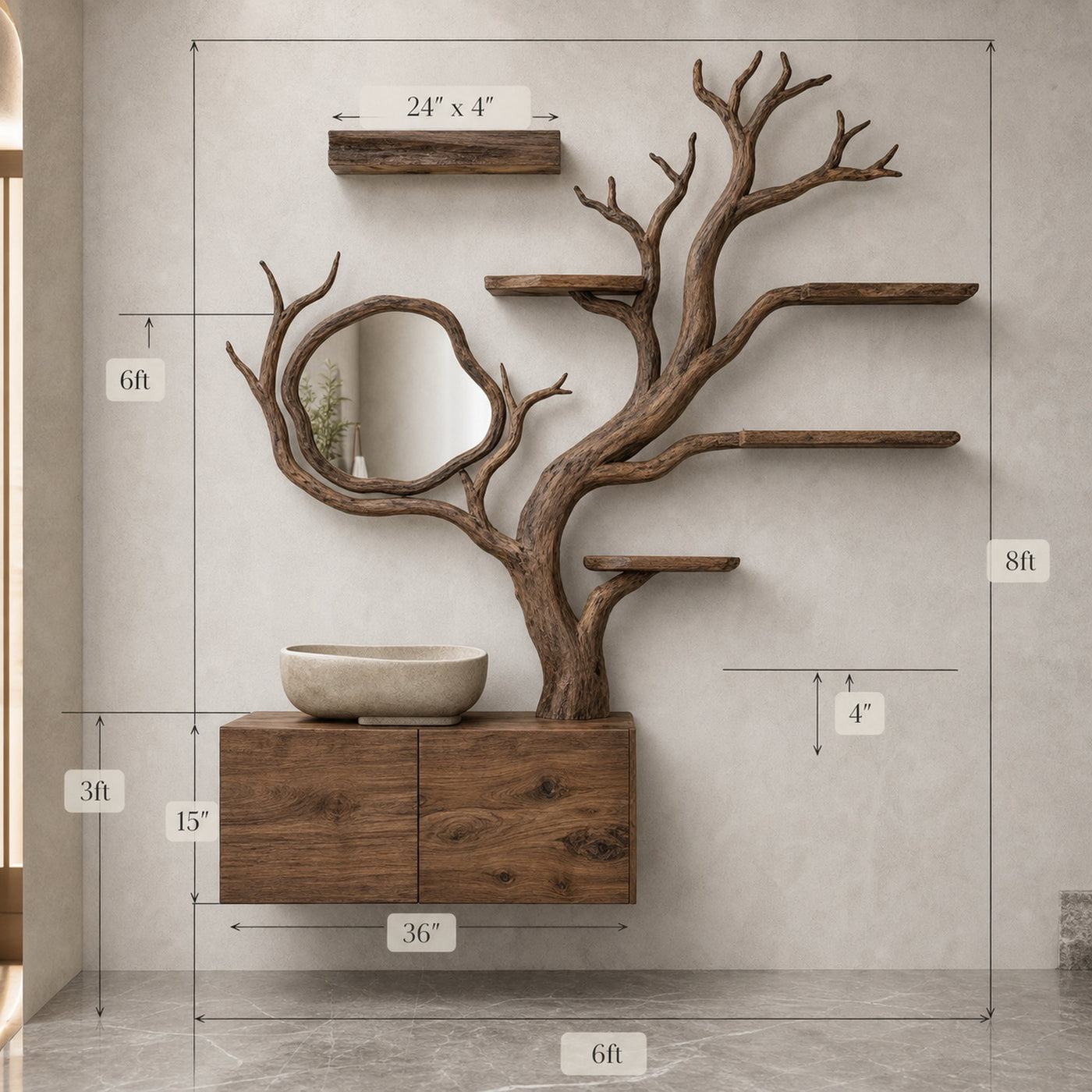 Tree Branches Rustic Bathroom Vanity With Sink Floating Shelves - product view 8