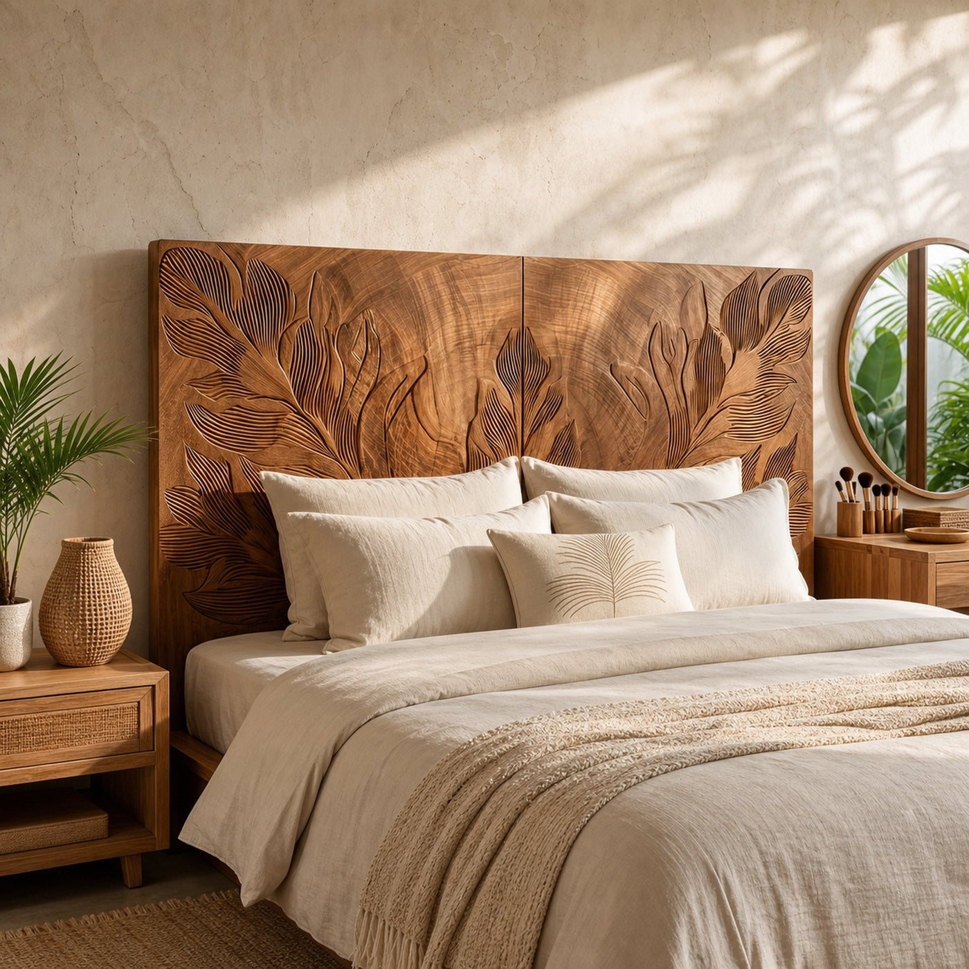 Tropical Botanical Wood Headboard For Warm Coastal Bedroom