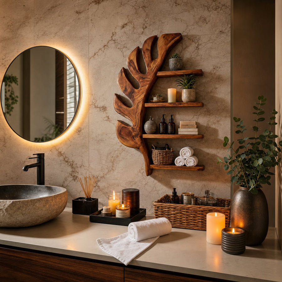 Tropical Wooden Leaf Wall Bathroom Shelf For Bathroom