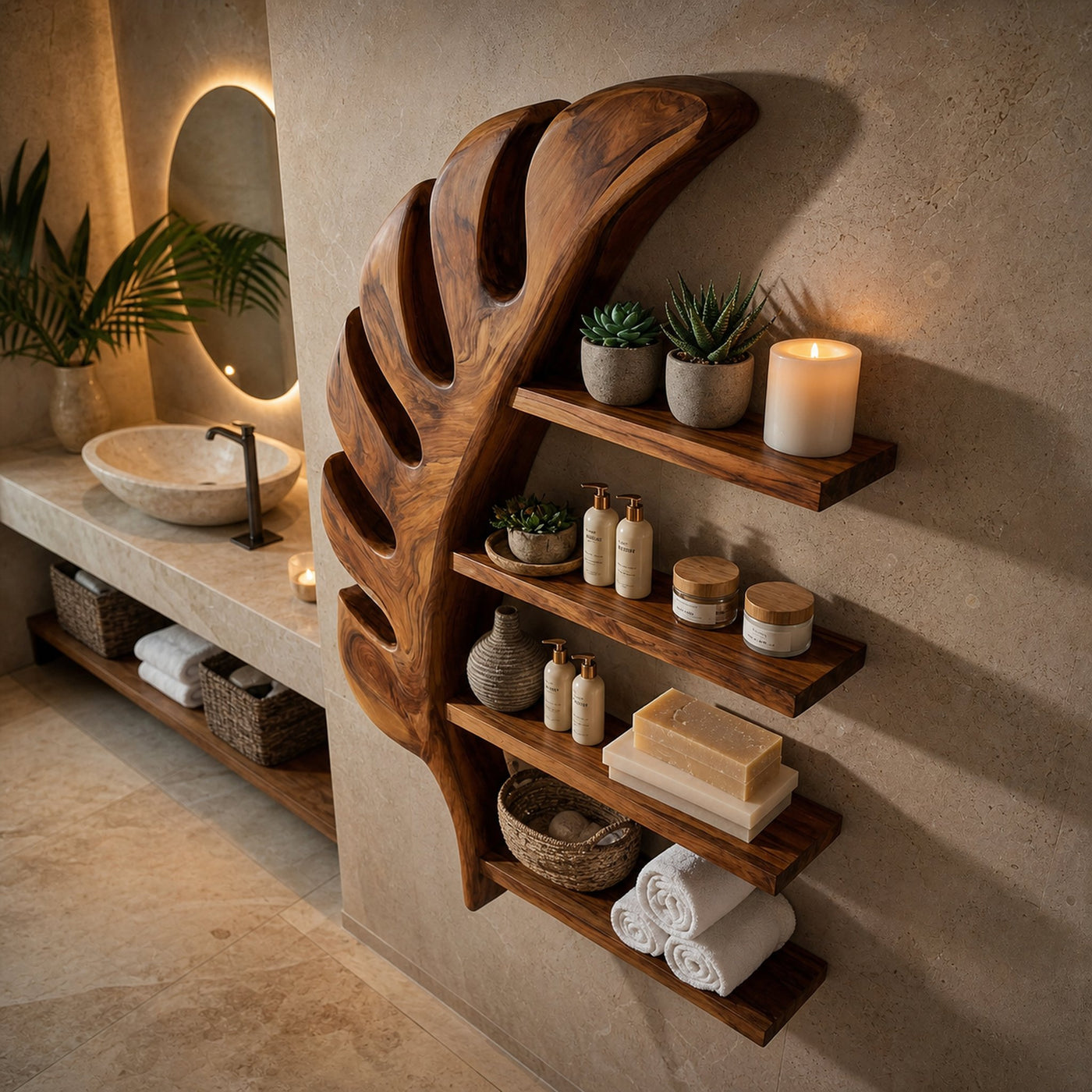Tropical Wooden Leaf Wall Bathroom Shelf For Bathroom - product view 6