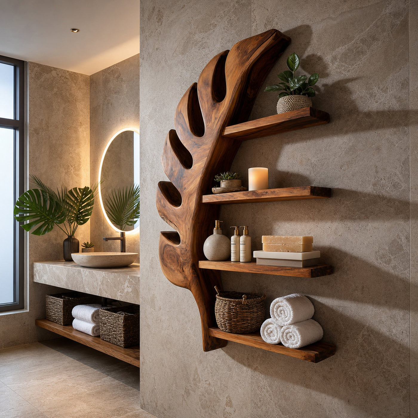Tropical Wooden Leaf Wall Bathroom Shelf For Bathroom - product view 7