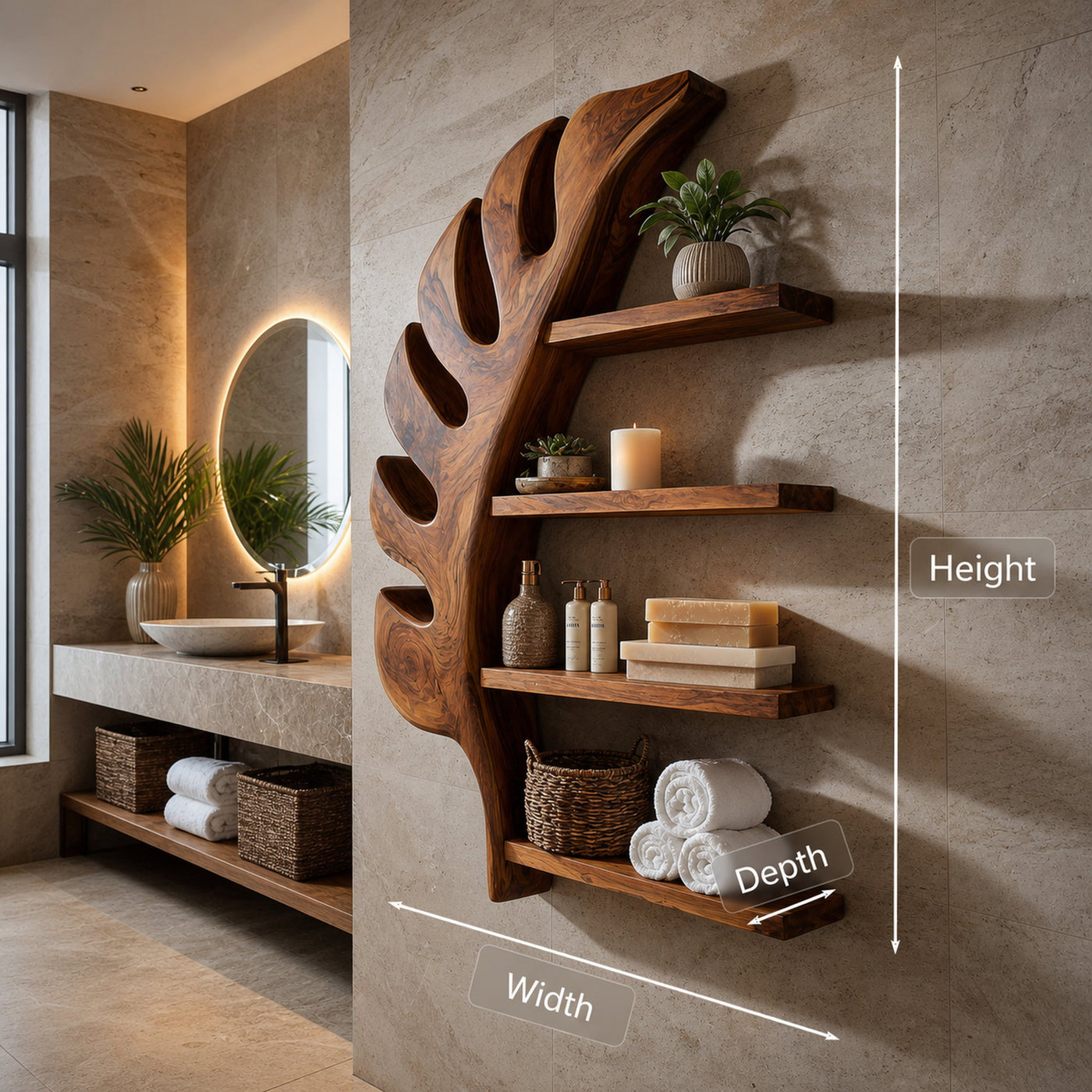 Tropical Wooden Leaf Wall Bathroom Shelf For Bathroom - product view 8