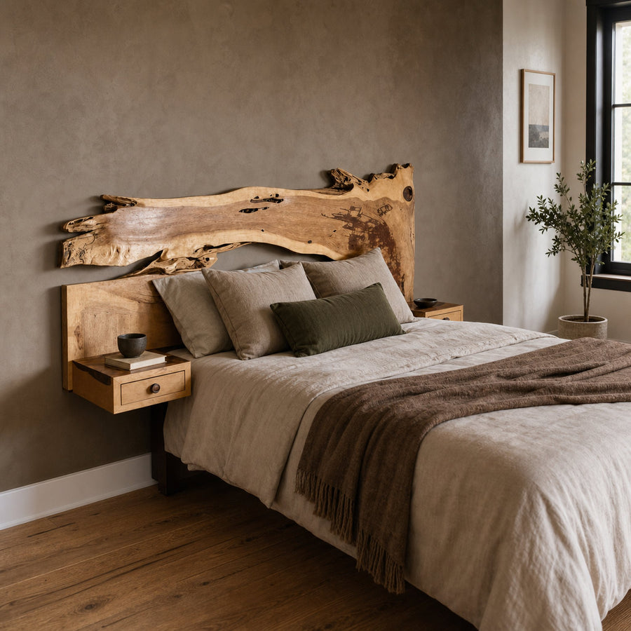 Unique Live Edge Headboard With Shelf For Bedroom