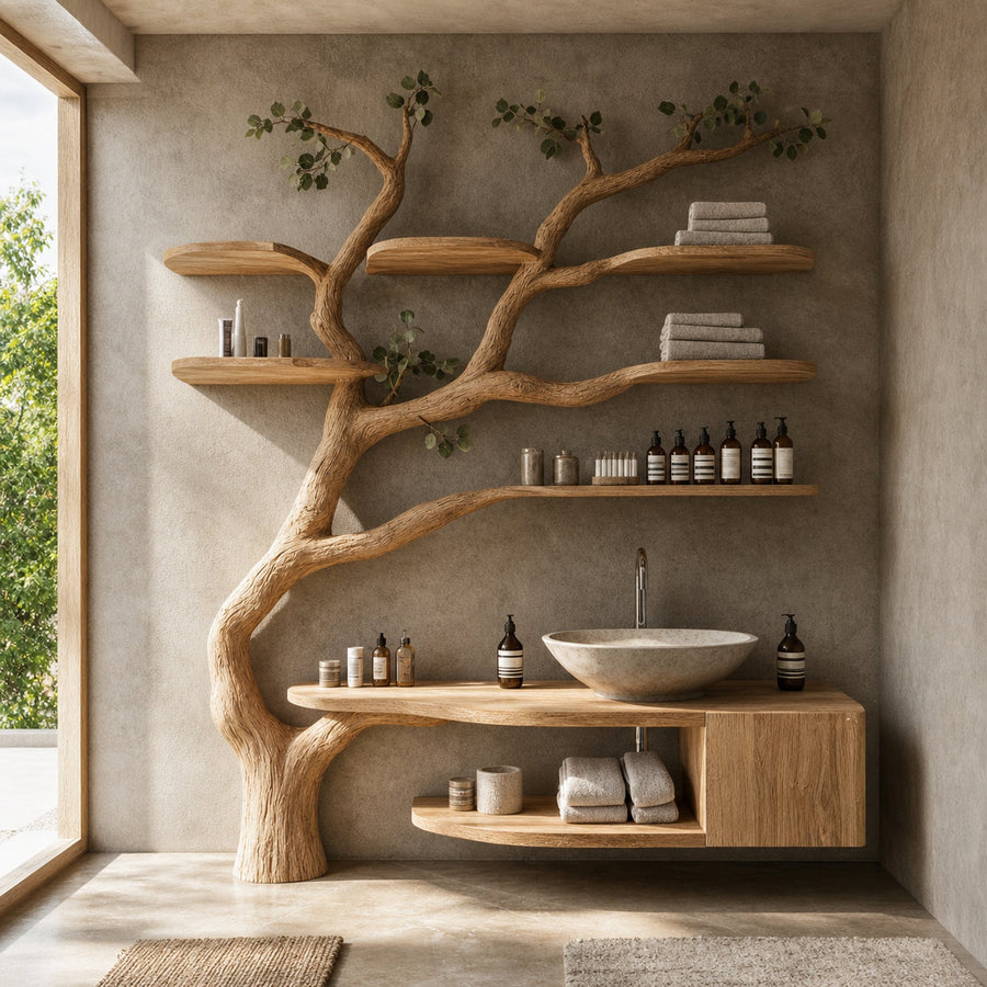Wood Vanity With Mini Sink Floating Shelves Tree Branches