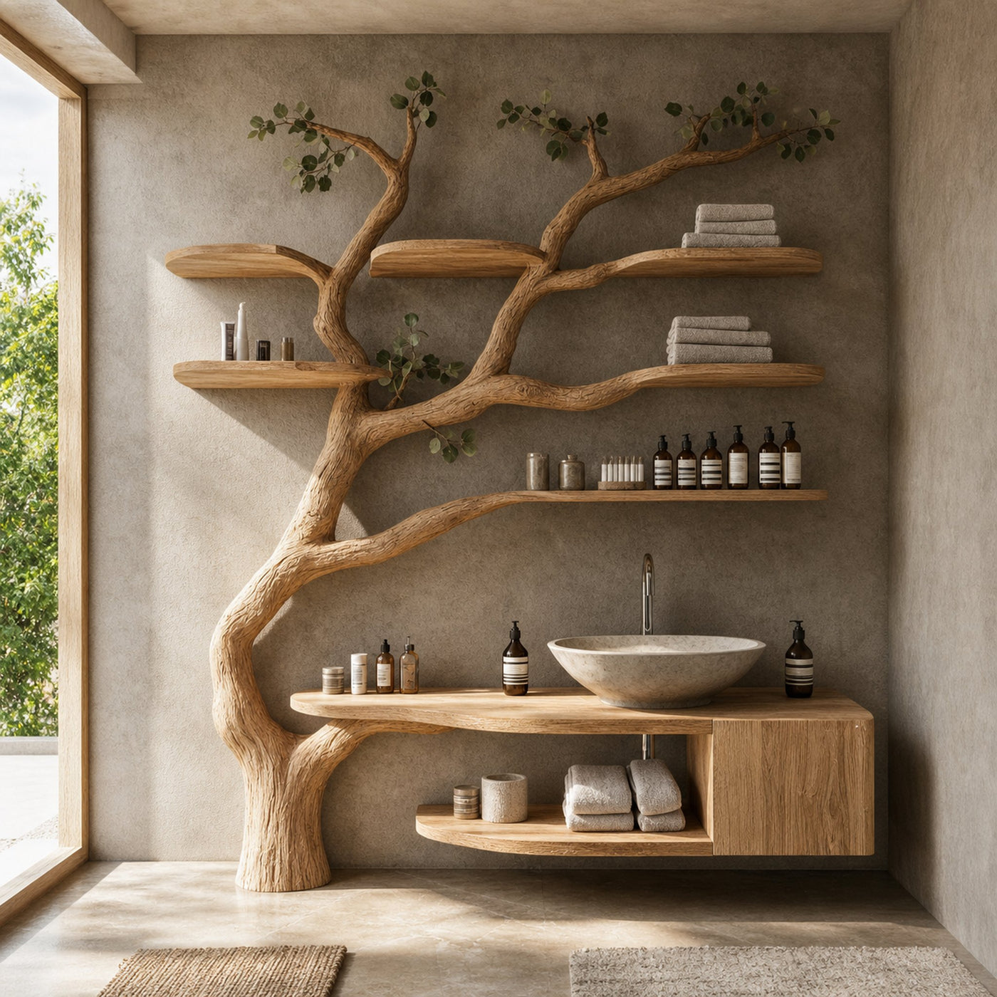 Wood Vanity With Mini Sink Floating Shelves Tree Branches