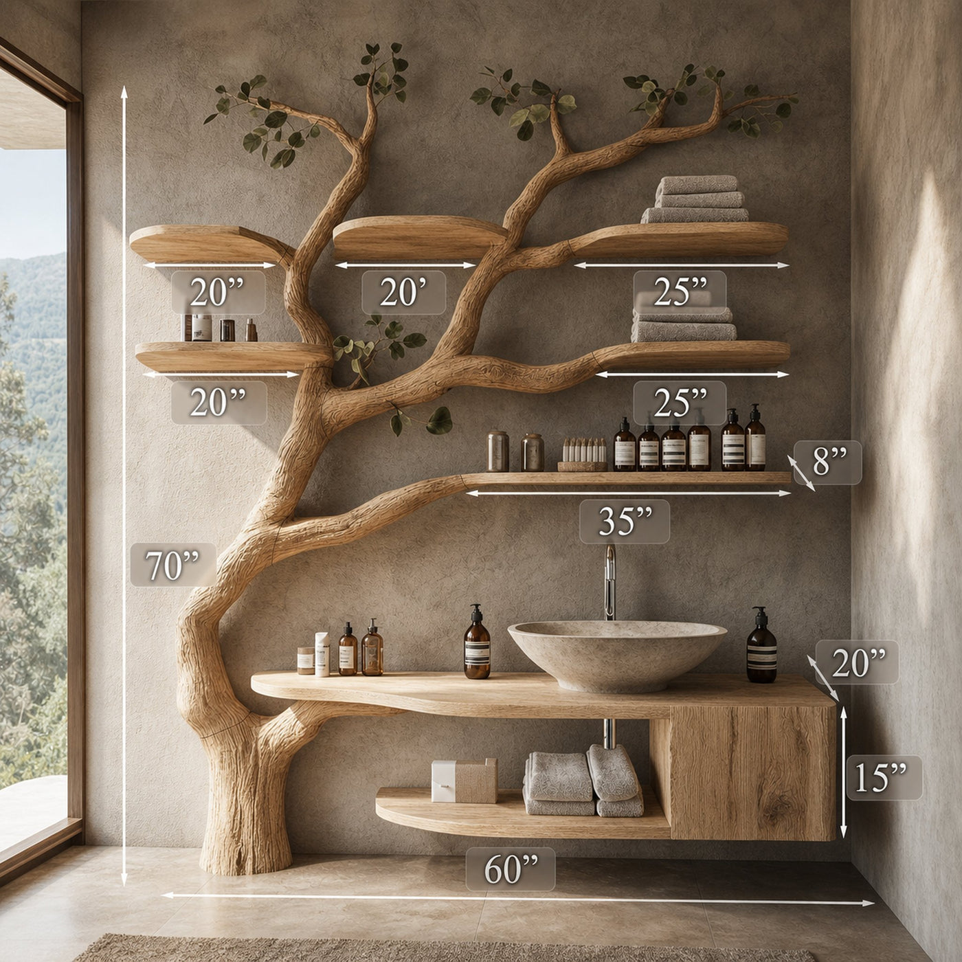 Wood Vanity With Mini Sink Floating Shelves Tree Branches - product view 6