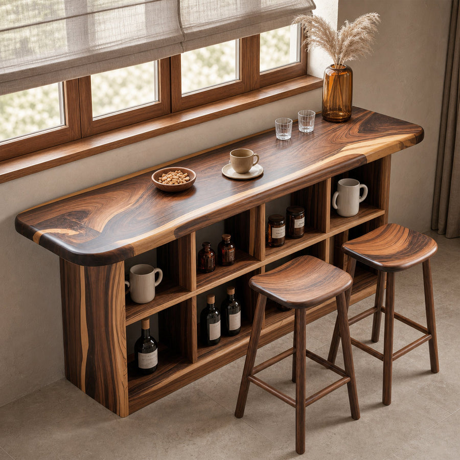 Wooden Bar Table With Storage For Compact Kitchen Or Coffee Bar