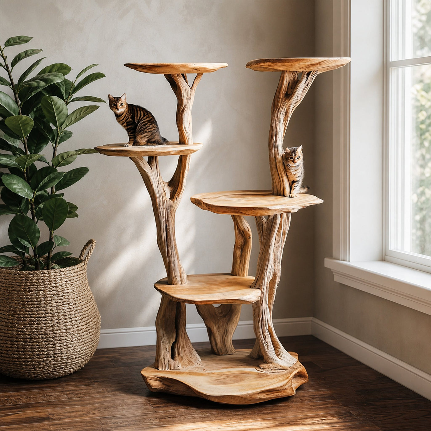 Wooden Cat Tree Tower Modern Cat Tree Free Standing Natural Solid Wood