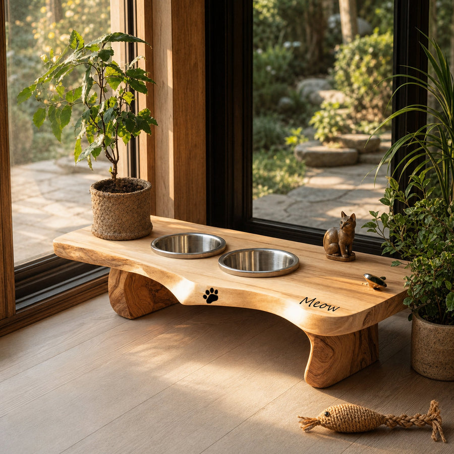 Wooden Dog Bowl Holder Rustic Style For Kitchen Decor
