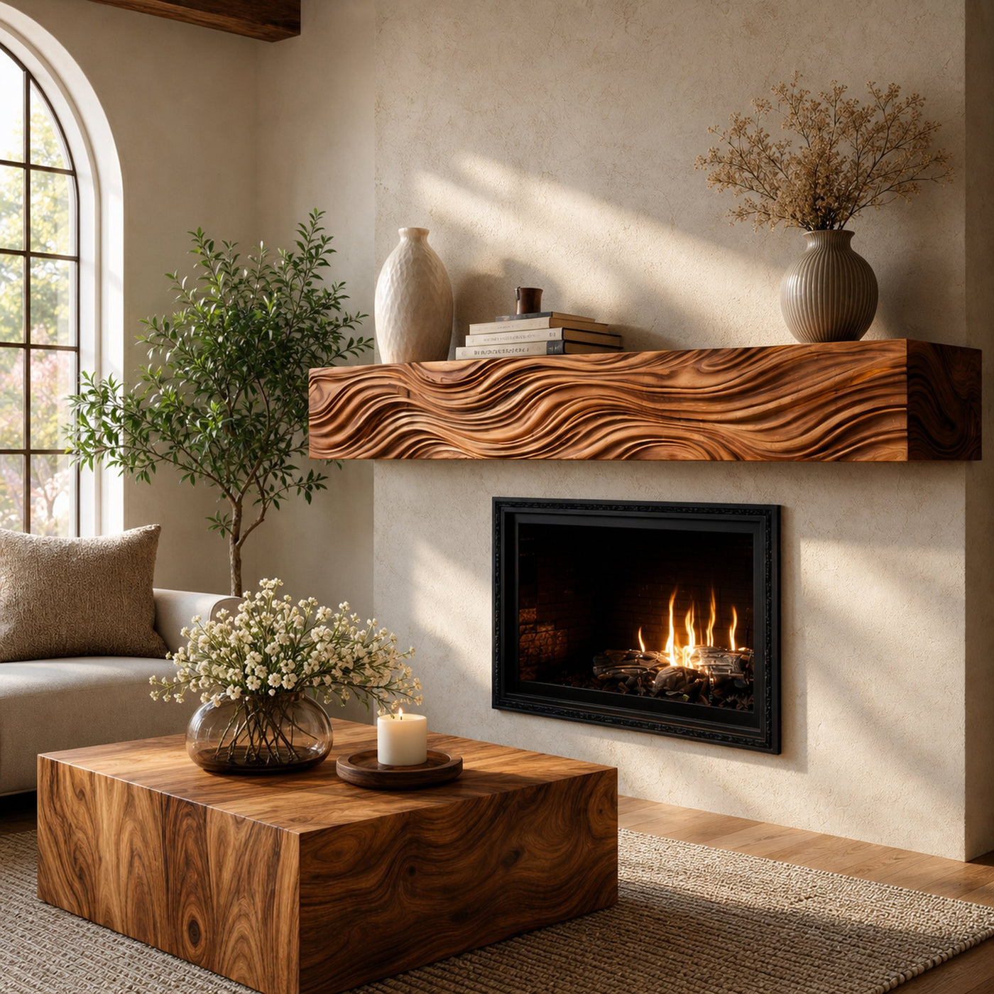 Wooden Fireplace Shelf With Wave Carved For Modern Home Decor