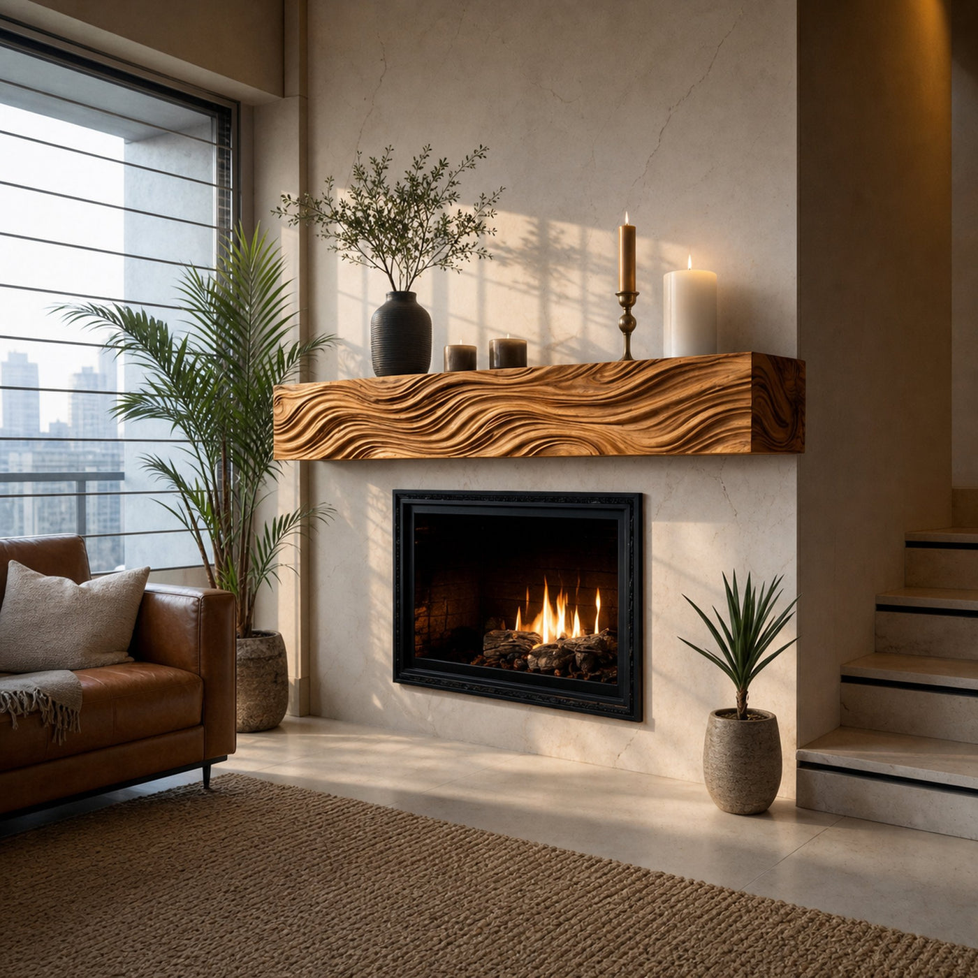 Wooden Fireplace Shelf With Wave Carved For Modern Home Decor - product view 6