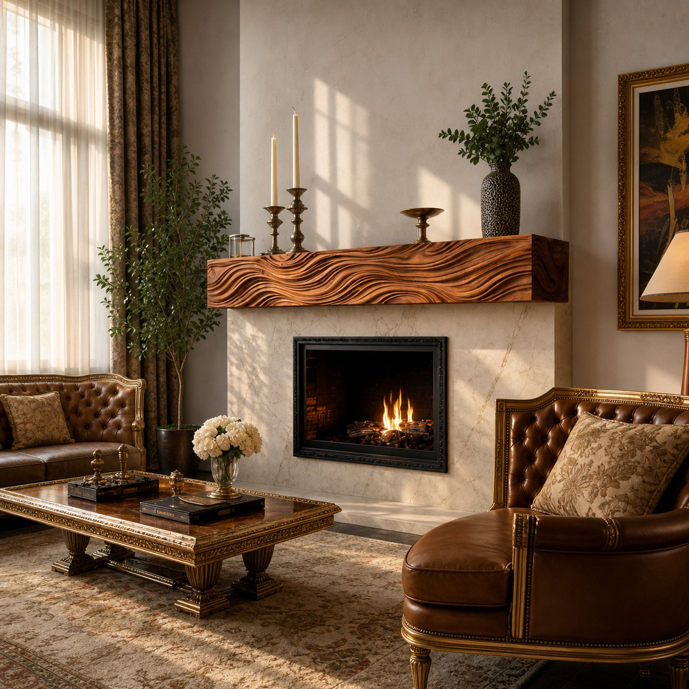 Wooden Fireplace Shelf With Wave Carved For Modern Home Decor - product view 7