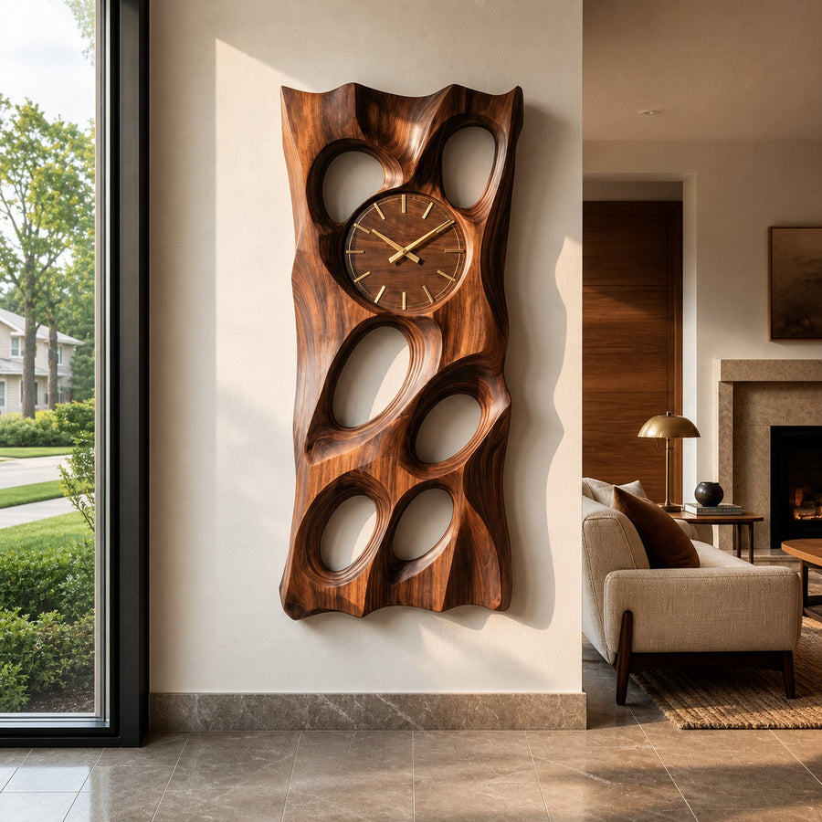 Wooden Wall Clock With Openwork Design For Living Room
