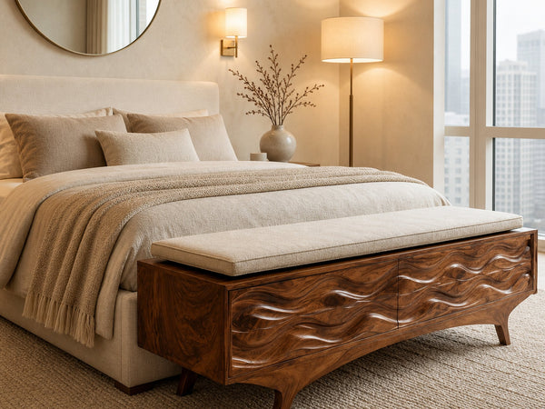 Coastal Wave Carved Storage Bench For Entryway