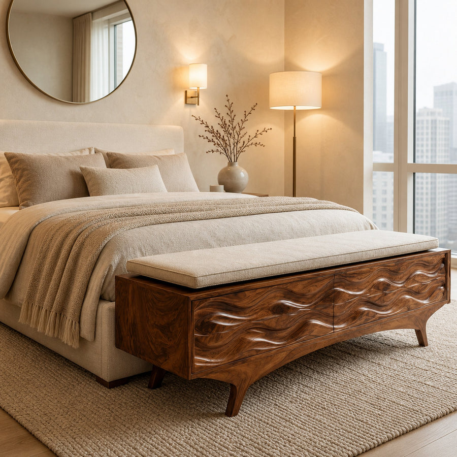 Coastal Wave Carved Storage Bench For Entryway