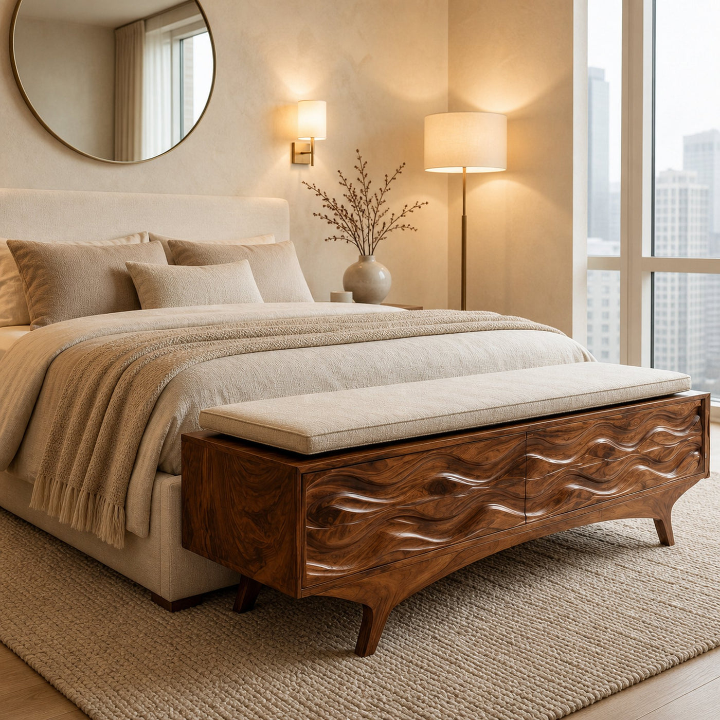 Coastal Wave Carved Storage Bench For Entryway