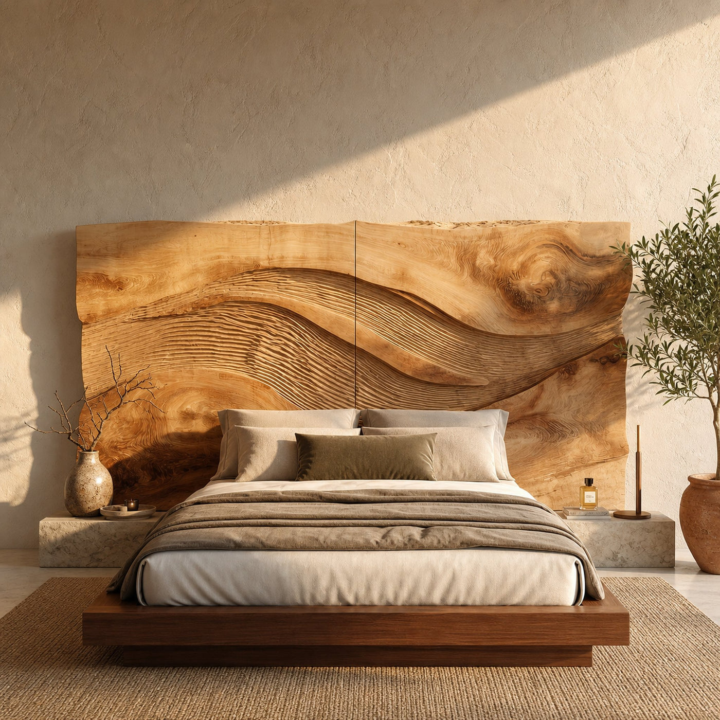 Contemporary Wave Carved Wood Headboard For Warm Minimalist Bedroom