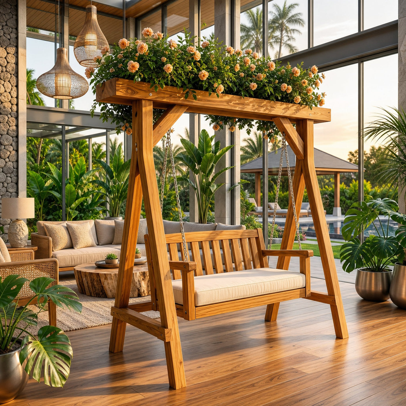 Elegant Wooden Swing With Planter Frame - product view 6