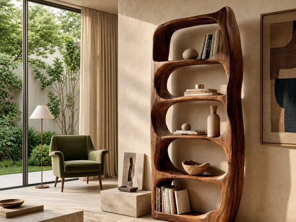 Handcrafted Sculptural Wooden Standing Shelf For Home Decor