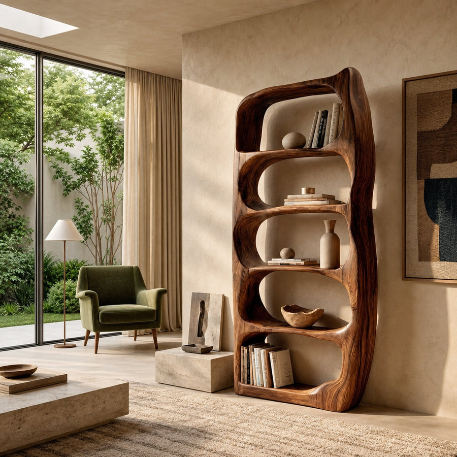 Handcrafted Sculptural Wooden Standing Shelf For Home Decor