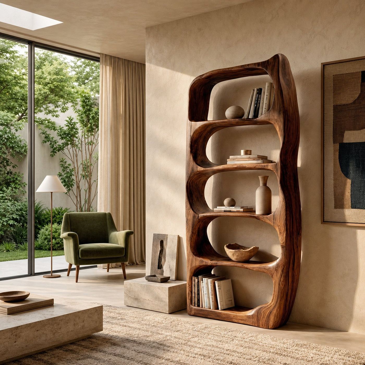Handcrafted Sculptural Wooden Standing Shelf For Home Decor