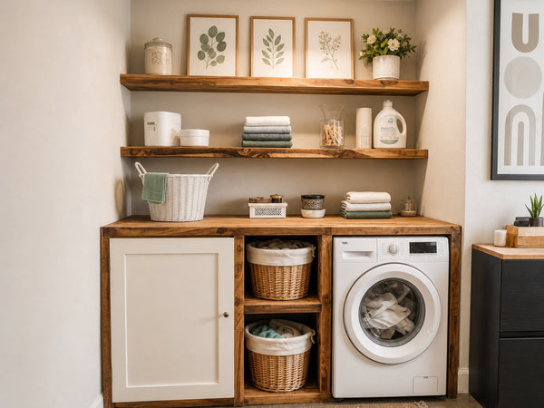 Handmade Laundry Room Cabinet And Open Wood Shelves For Modern Utility Space