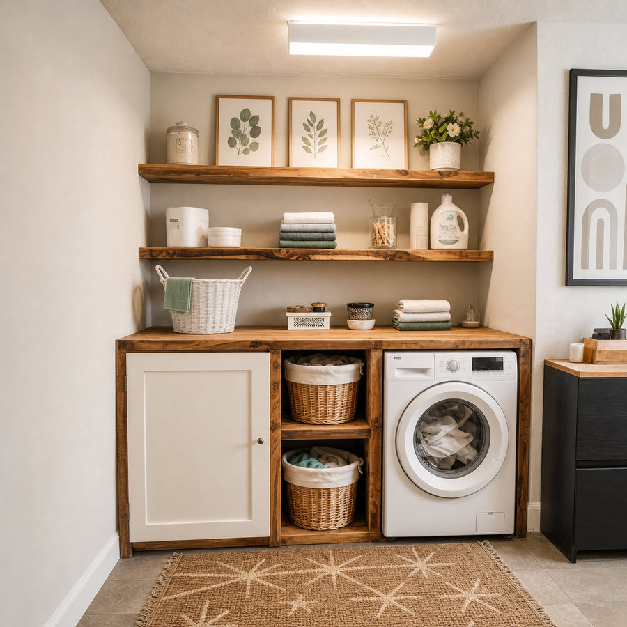 Handmade Laundry Room Cabinet And Open Wood Shelves For Modern Utility Space