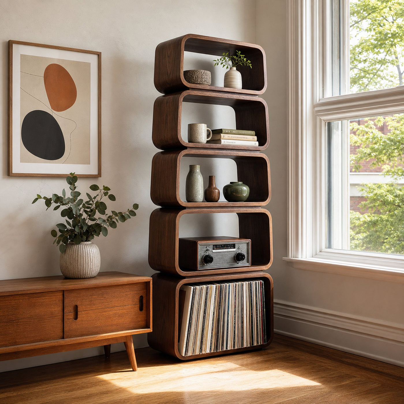 Mid Century Wooden Standing Shelf For Living Room Display - product view 6